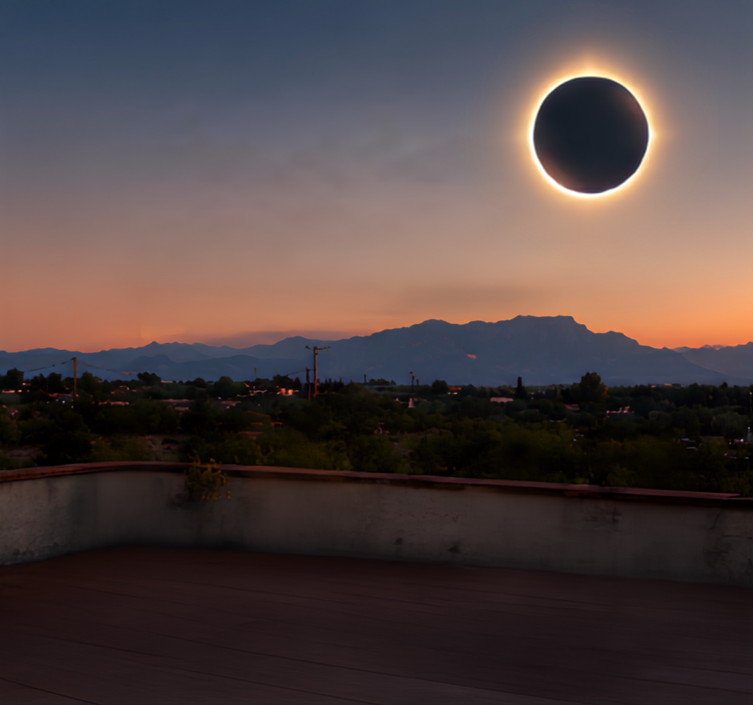 Terraza de Casa Rincón con el eclipse solar de fondo